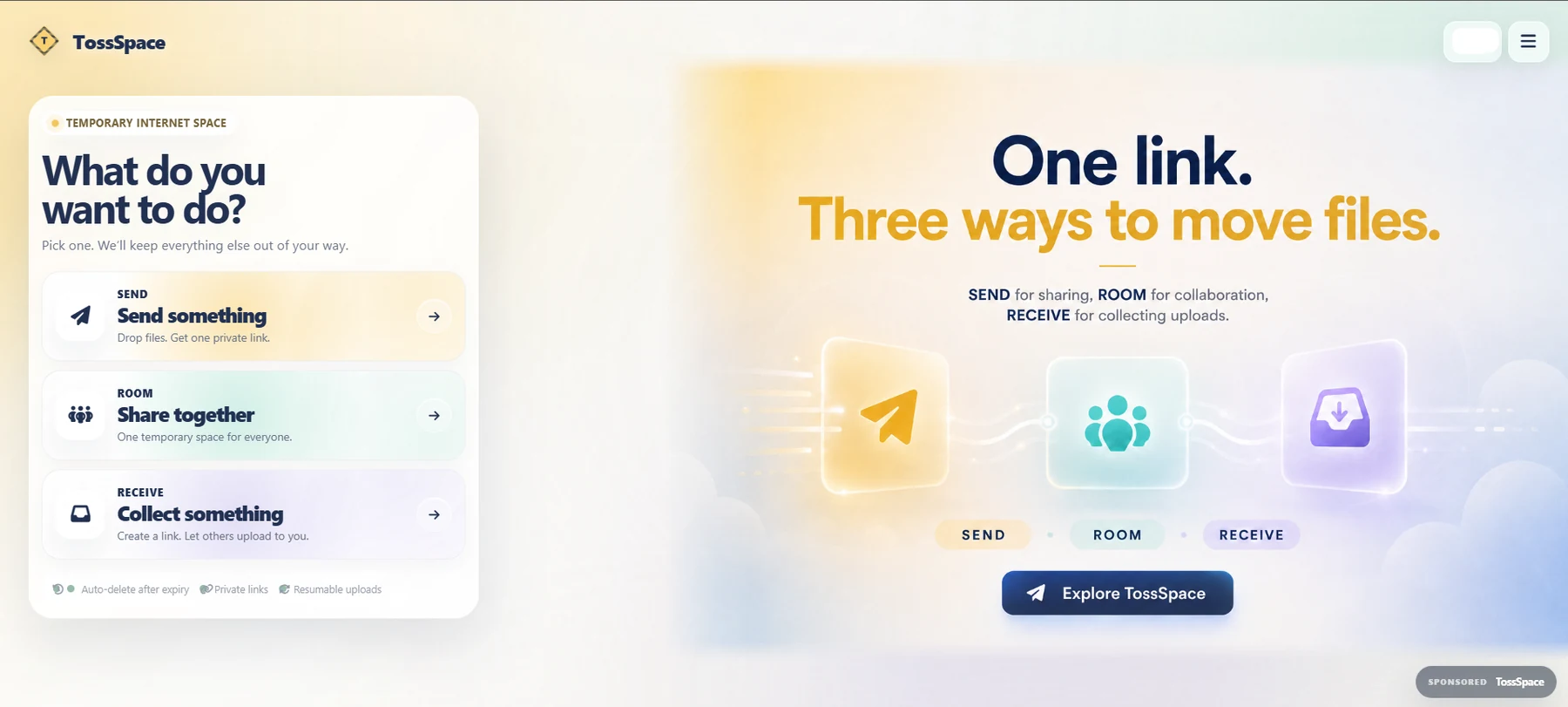 TossSpace desktop homepage