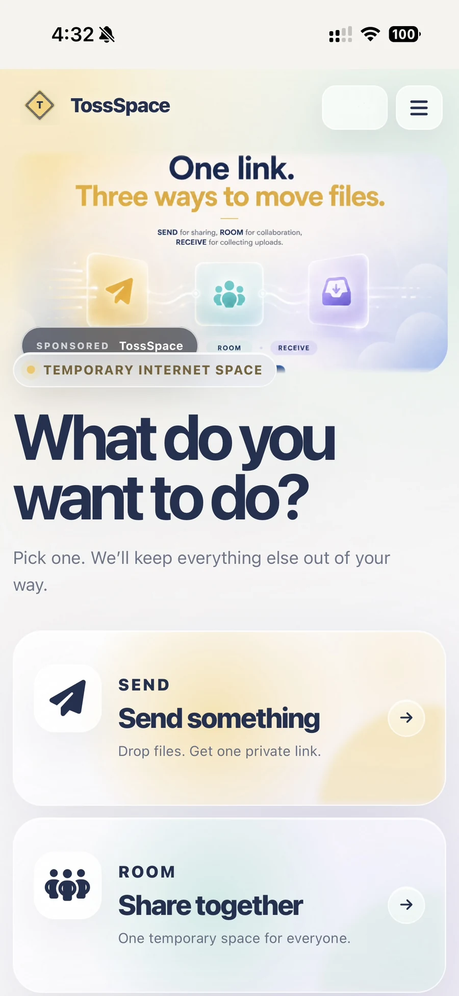 TossSpace mobile homepage