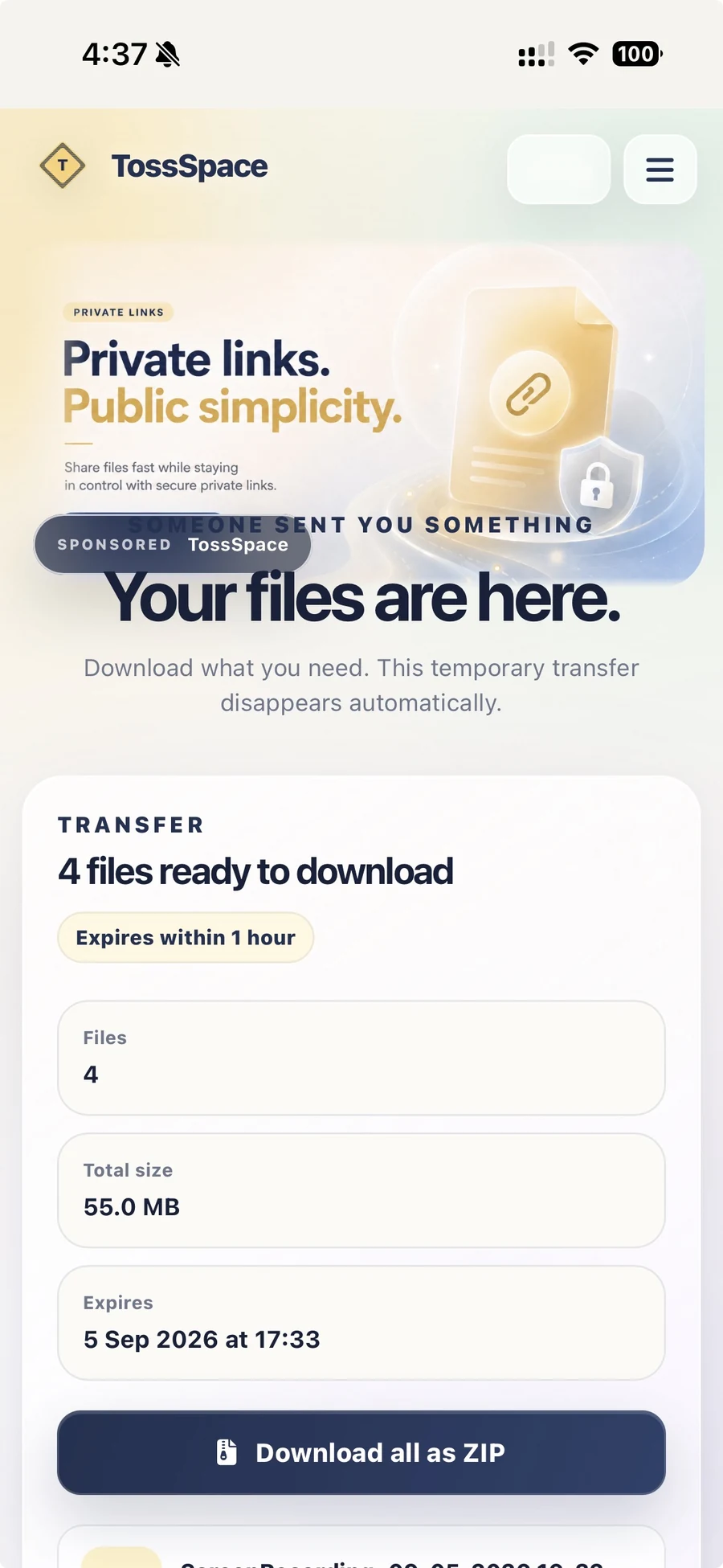 TossSpace — Mobile receive / download
